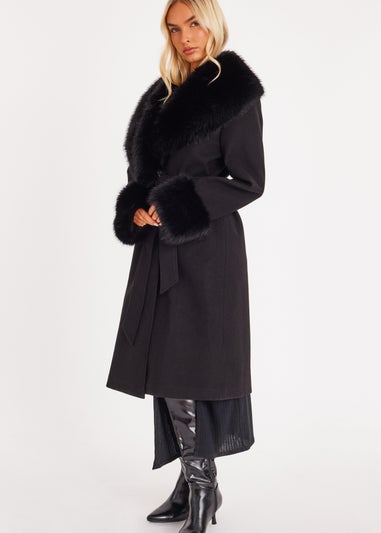 Quiz Black Faux Fur Trim Coat