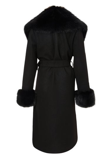 Quiz Black Faux Fur Trim Coat