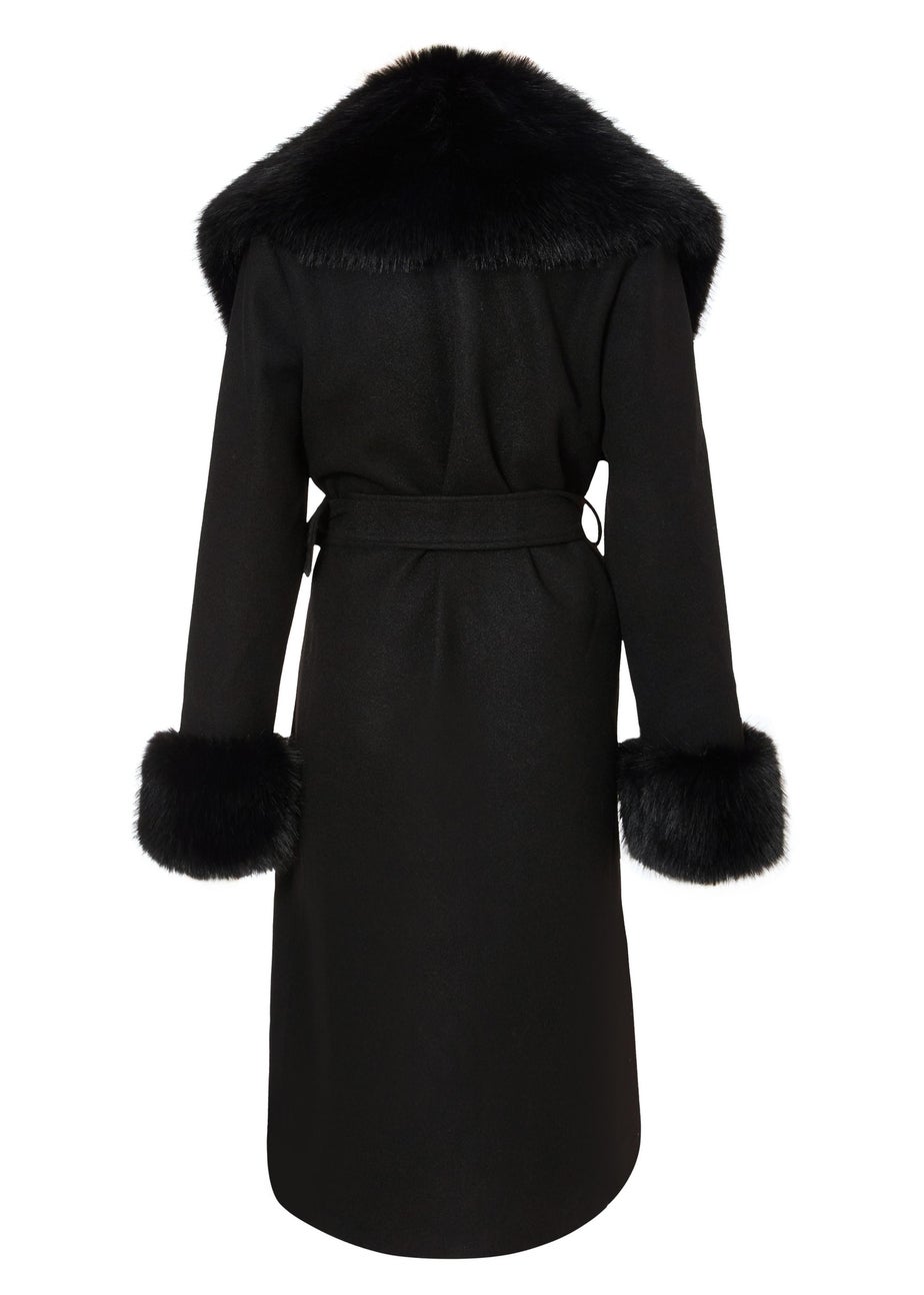 Quiz Black Faux Fur Trim Coat