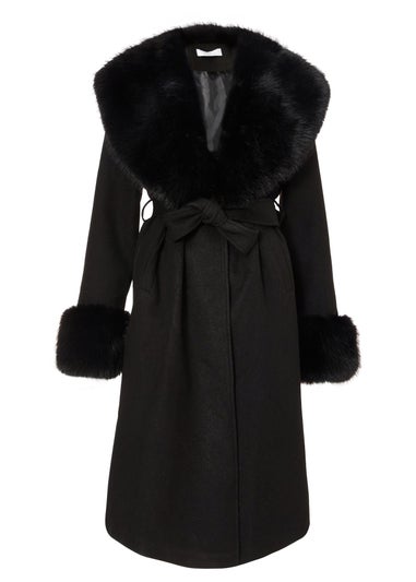Quiz Black Faux Fur Trim Coat