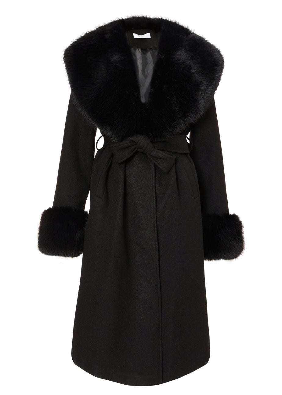 Quiz Black Faux Fur Trim Coat