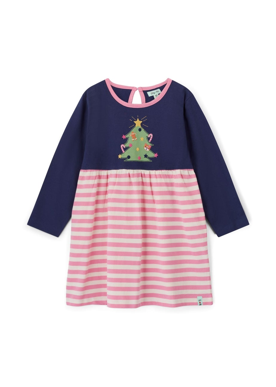 Lilly & Sid  Navy Christmas Tree/Stripe Dress (0-5 Years)