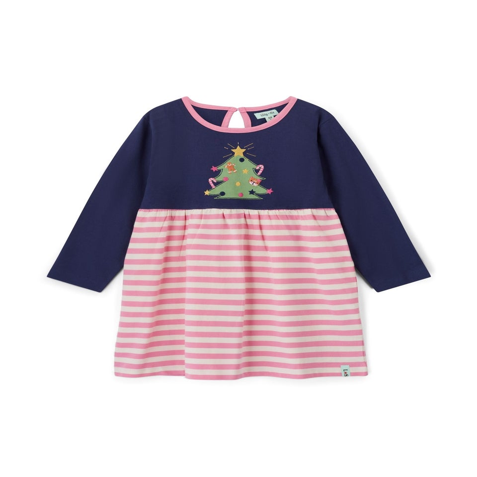 Lilly & Sid  Navy Christmas Tree/Stripe Dress (0-5 Years)