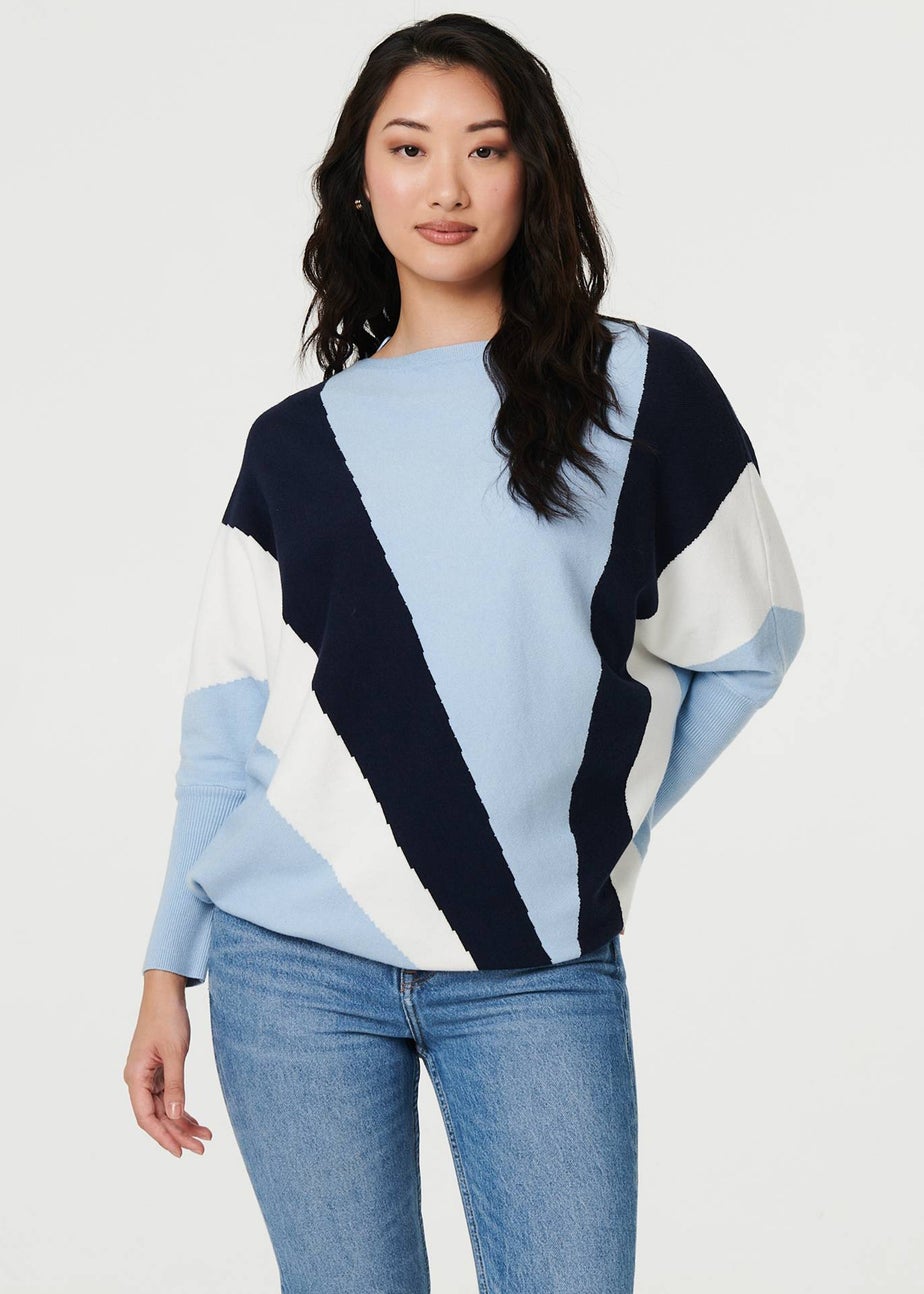 Izabel London Blue Colour Block Print Batwing Sleeve Jumper