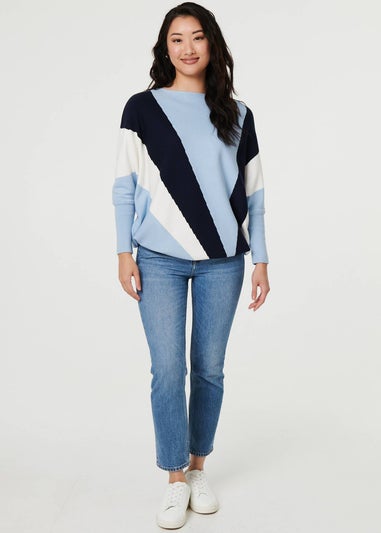 Izabel London Blue Colour Block Print Batwing Sleeve Jumper