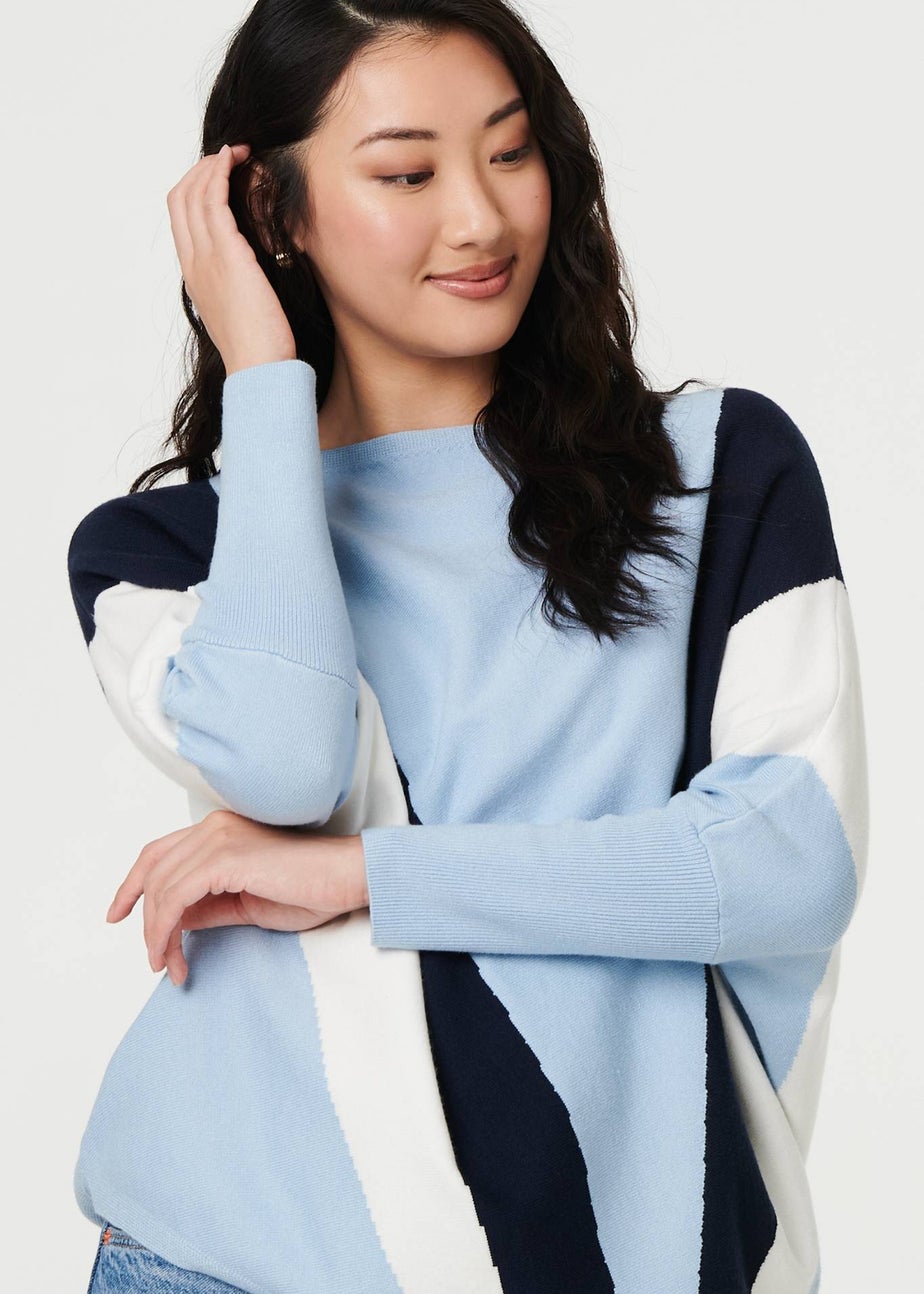 Izabel London Blue Colour Block Print Batwing Sleeve Jumper