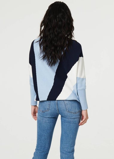Izabel London Blue Colour Block Print Batwing Sleeve Jumper