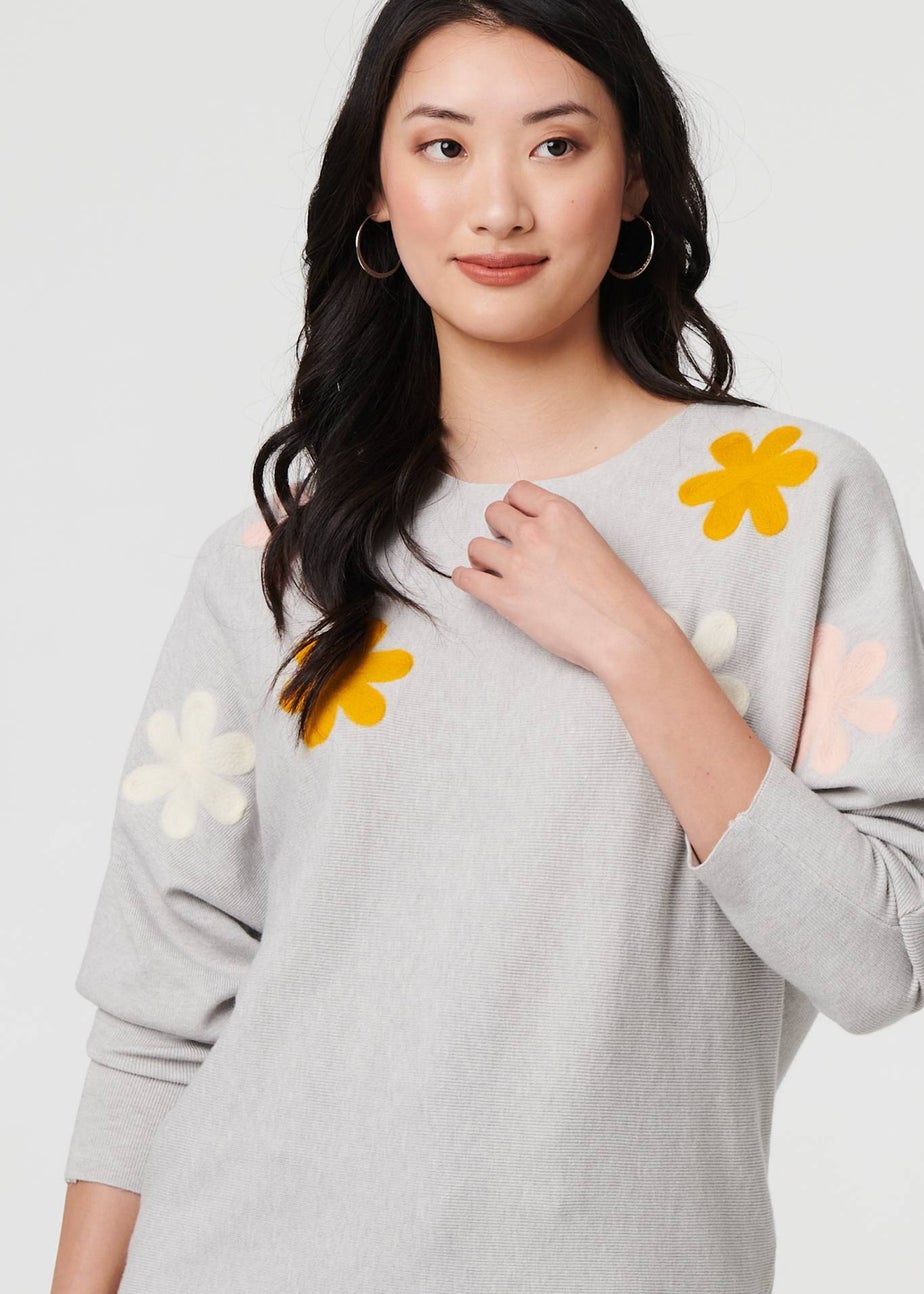Izabel London Grey Floral Embellished Batwing Sleeve Jumper