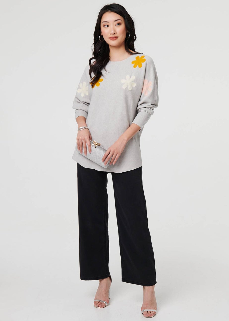 Izabel London Grey Floral Embellished Batwing Sleeve Jumper