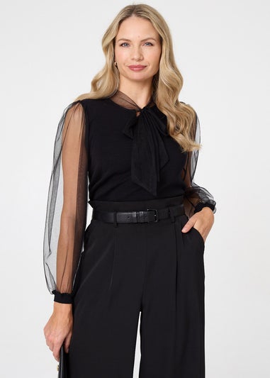 Izabel London Black Semi Sheer Sleeve Tie Neck Knit Top