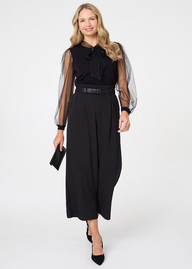 Izabel London Black Semi Sheer Sleeve Tie Neck Knit Top