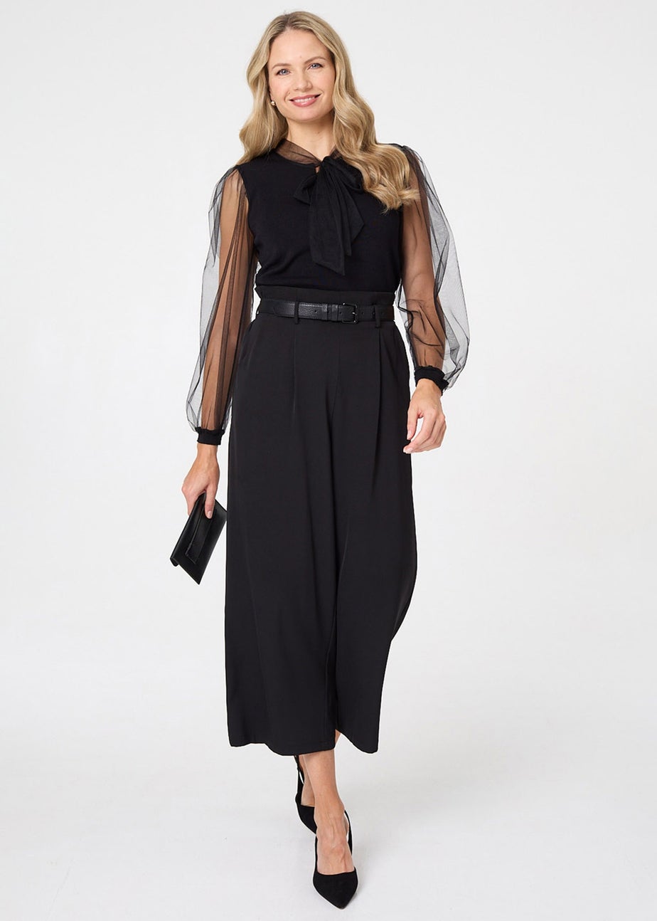 Izabel London Black Semi Sheer Sleeve Tie Neck Knit Top