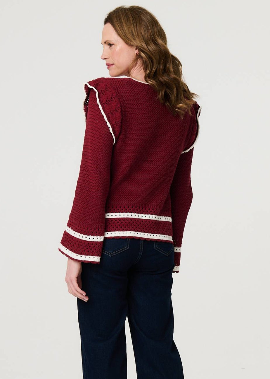 Izabel London Red Crochet Knit Frilled Hem Jumper