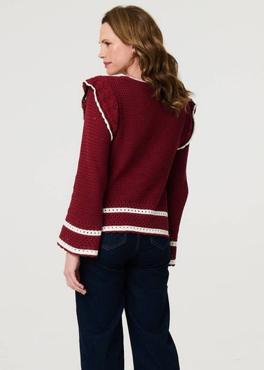 Izabel London Red Crochet Knit Frilled Hem Jumper