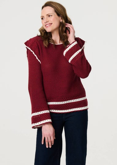 Izabel London Red Crochet Knit Frilled Hem Jumper