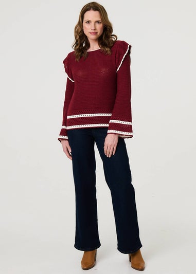 Izabel London Red Crochet Knit Frilled Hem Jumper