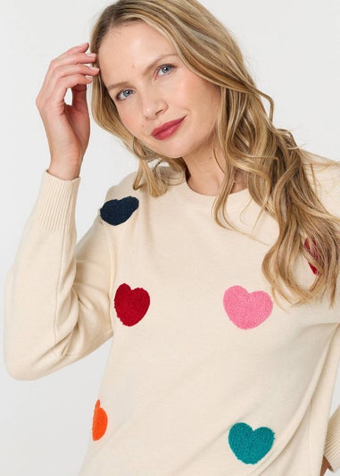 Izabel London Beige Heart Embellished Batwing Sleeve Jumper