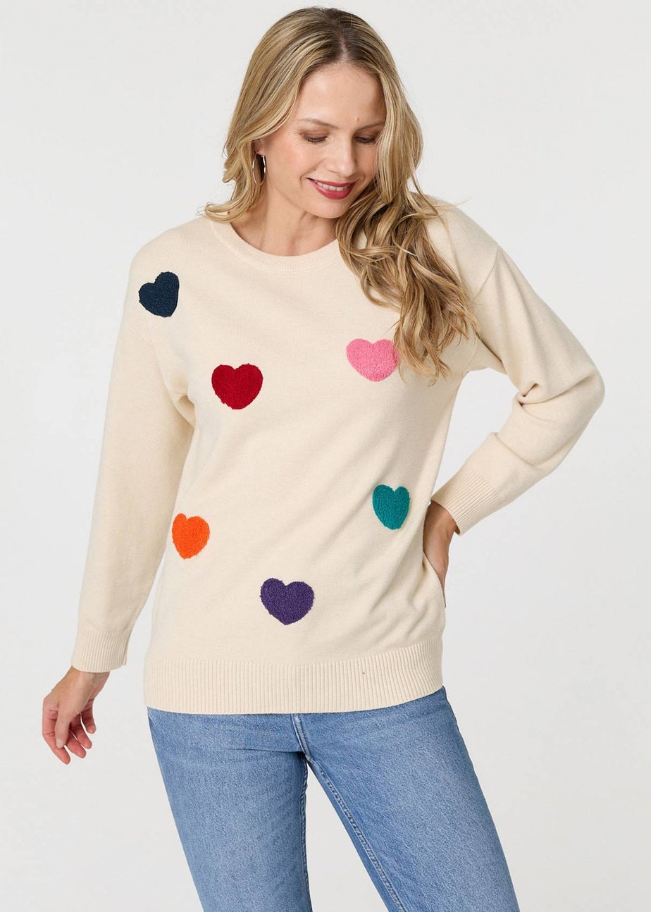 Izabel London Beige Heart Embellished Batwing Sleeve Jumper