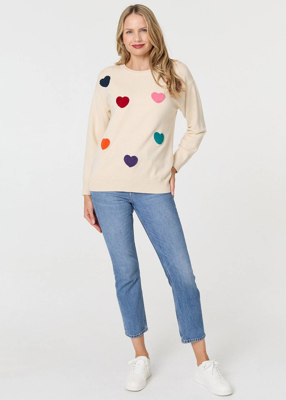 Izabel London Beige Heart Embellished Batwing Sleeve Jumper