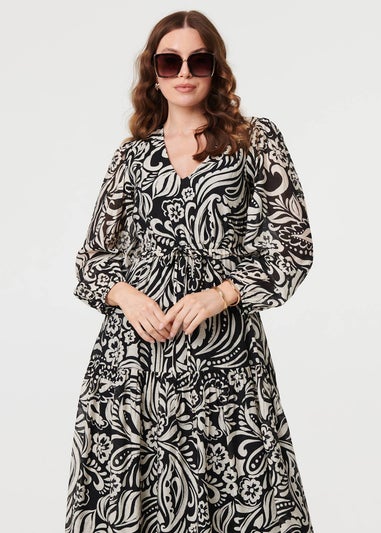 Izabel London Black Printed Layered Long Sleeve Maxi Dress