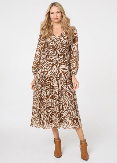 Izabel London Brown Printed Layered Long Sleeve Maxi Dress