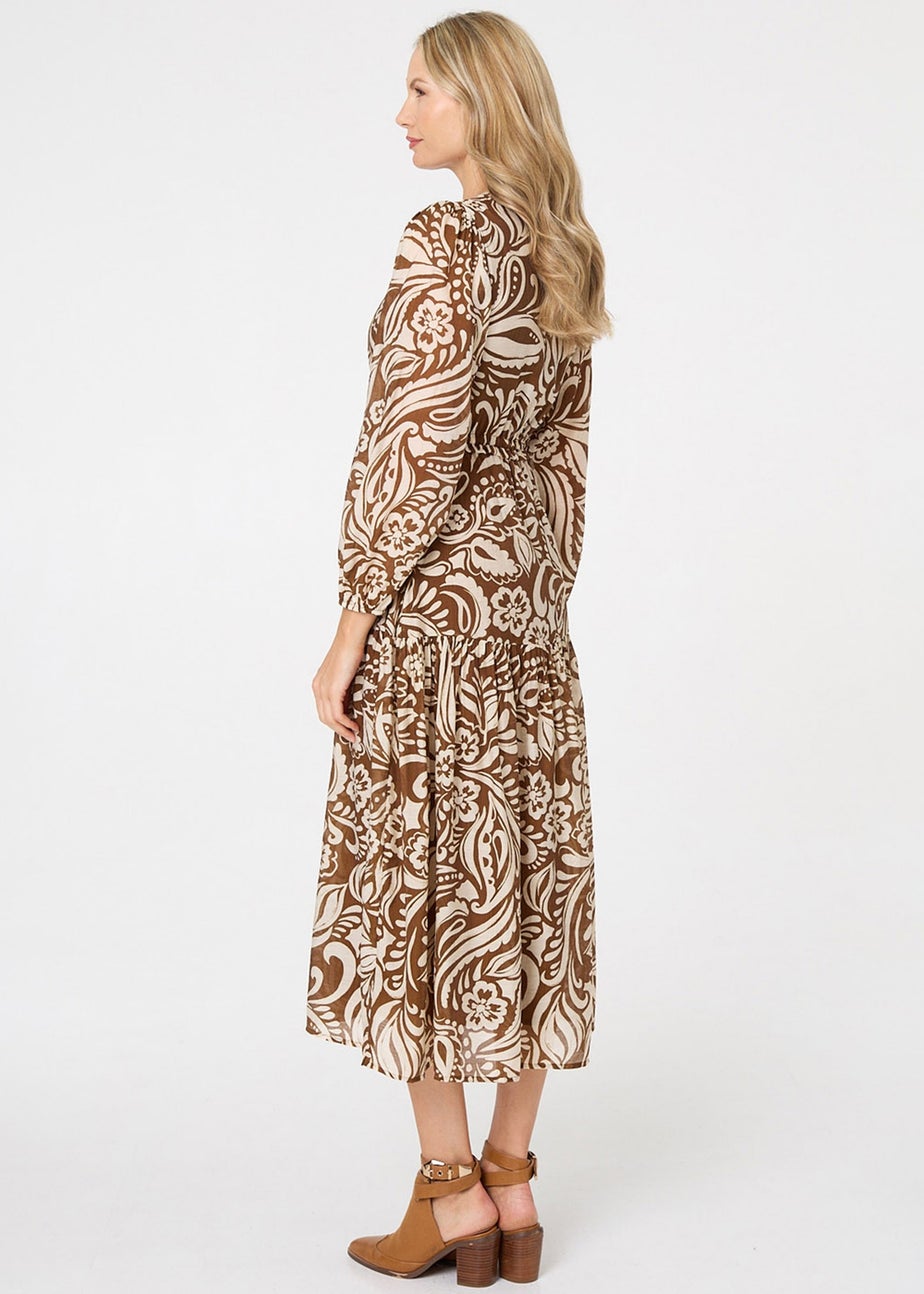 Izabel London Brown Printed Layered Long Sleeve Maxi Dress