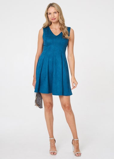 Izabel London Teal Faux Suede Knee Length Skater Dress