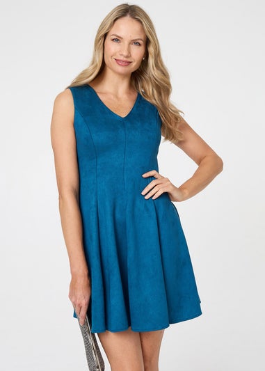 Izabel London Teal Faux Suede Knee Length Skater Dress