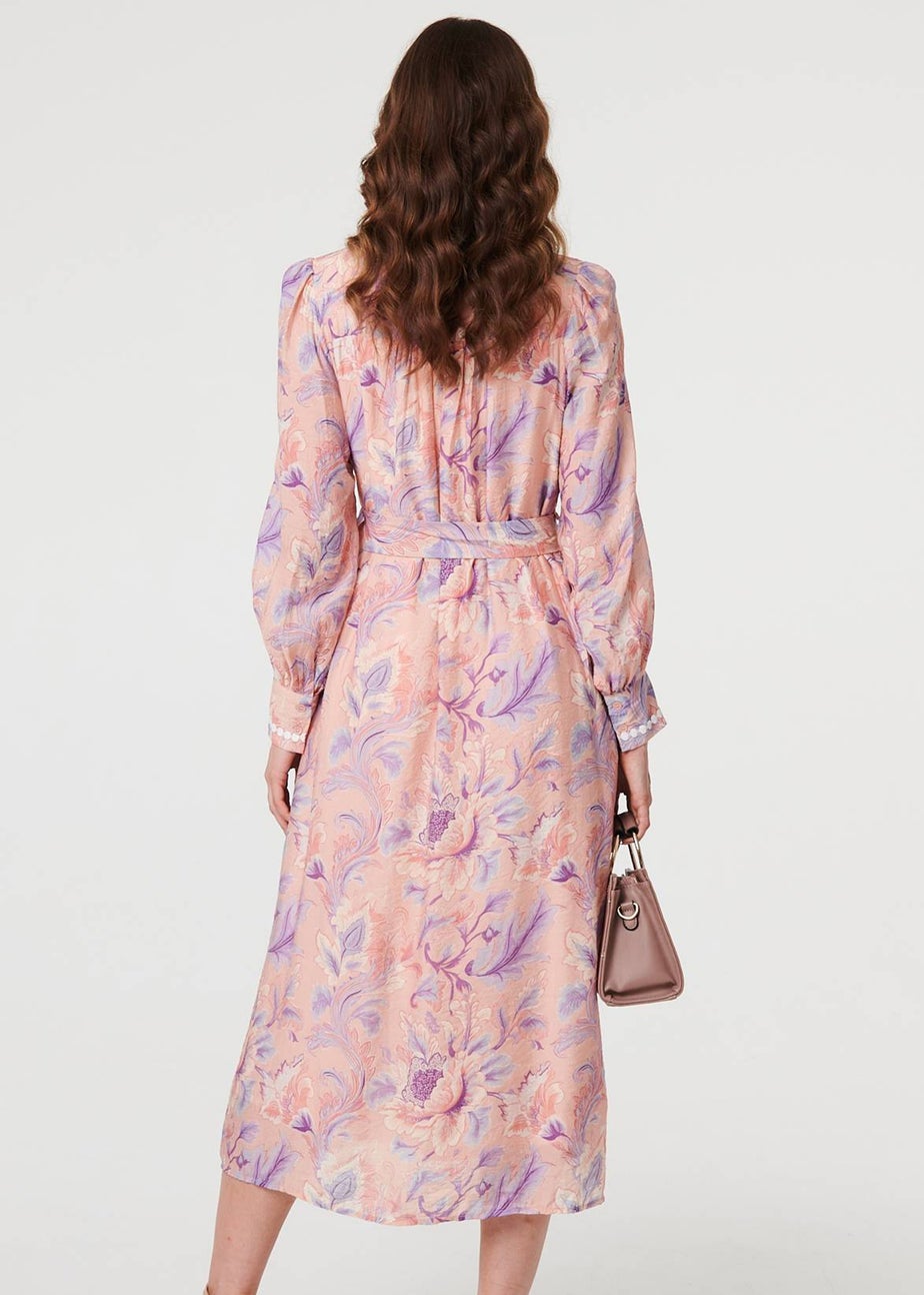 Izabel London Pink Floral Embellished Midi Shirt Dress