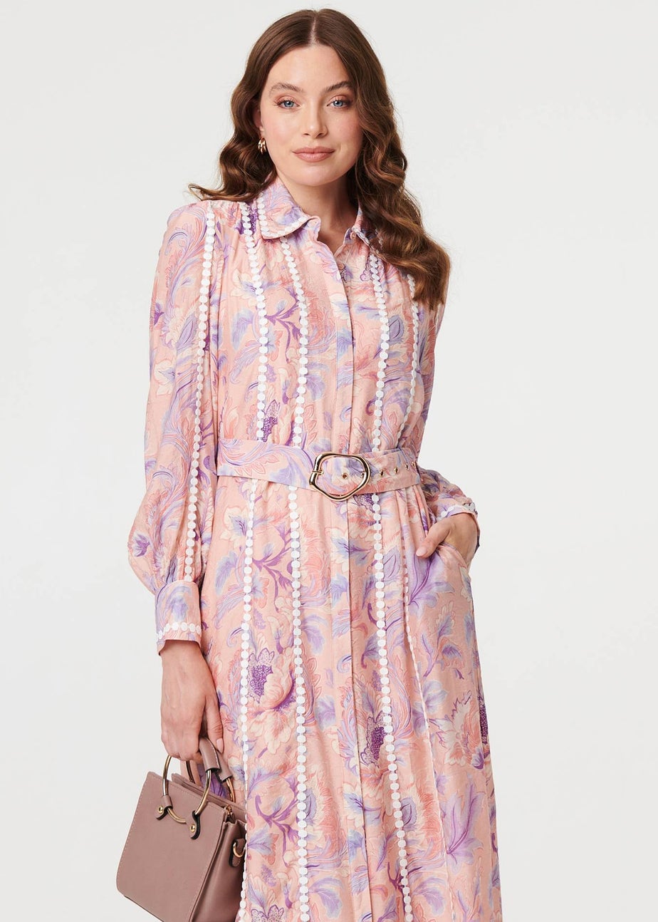 Izabel London Pink Floral Embellished Midi Shirt Dress