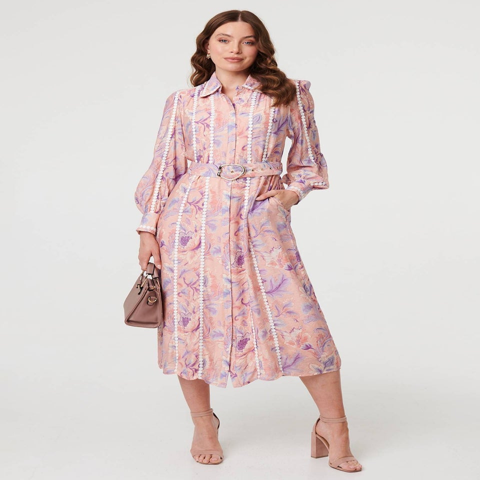 Izabel London Pink Floral Embellished Midi Shirt Dress
