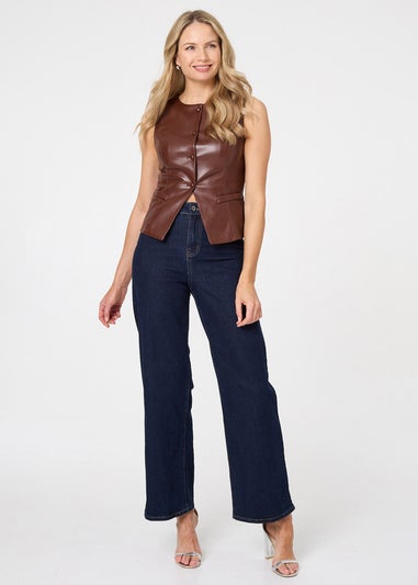 Izabel London Brown Faux Leather Sleeveless Waistcoat Top