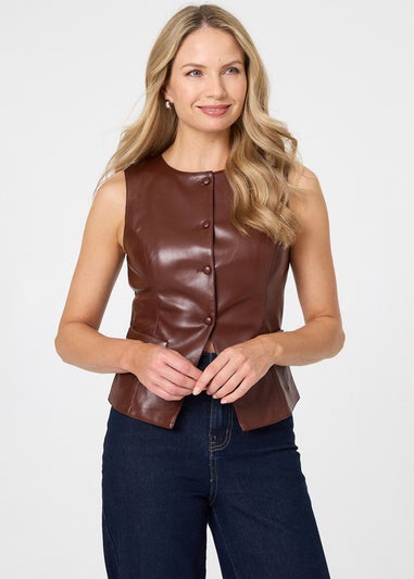 Izabel London Brown Faux Leather Sleeveless Waistcoat Top