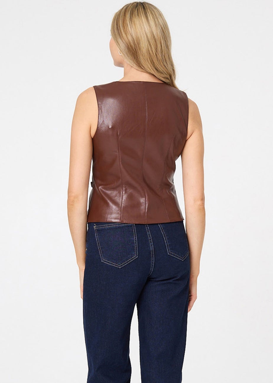 Izabel London Brown Faux Leather Sleeveless Waistcoat Top