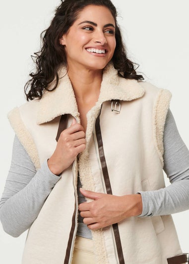 Izabel London Ivory Faux Suede Fur Lined Sleeveless Gilet