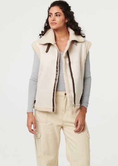 Izabel London Ivory Faux Suede Fur Lined Sleeveless Gilet