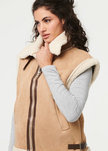 Izabel London Beige Faux Suede Fur Lined Sleeveless Gilet