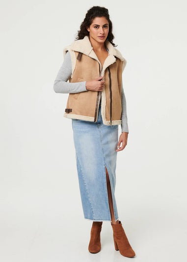 Izabel London Beige Faux Suede Fur Lined Sleeveless Gilet
