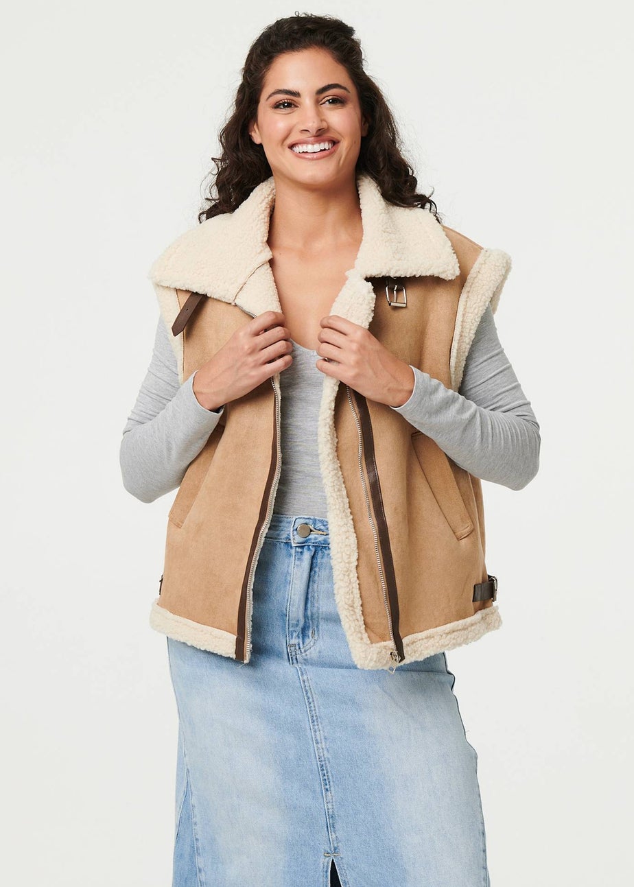 Izabel London Beige Faux Suede Fur Lined Sleeveless Gilet