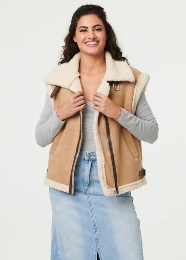 Izabel London Beige Faux Suede Fur Lined Sleeveless Gilet