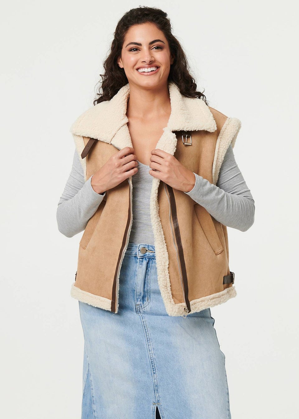 Izabel London Beige Faux Suede Fur Lined Sleeveless Gilet