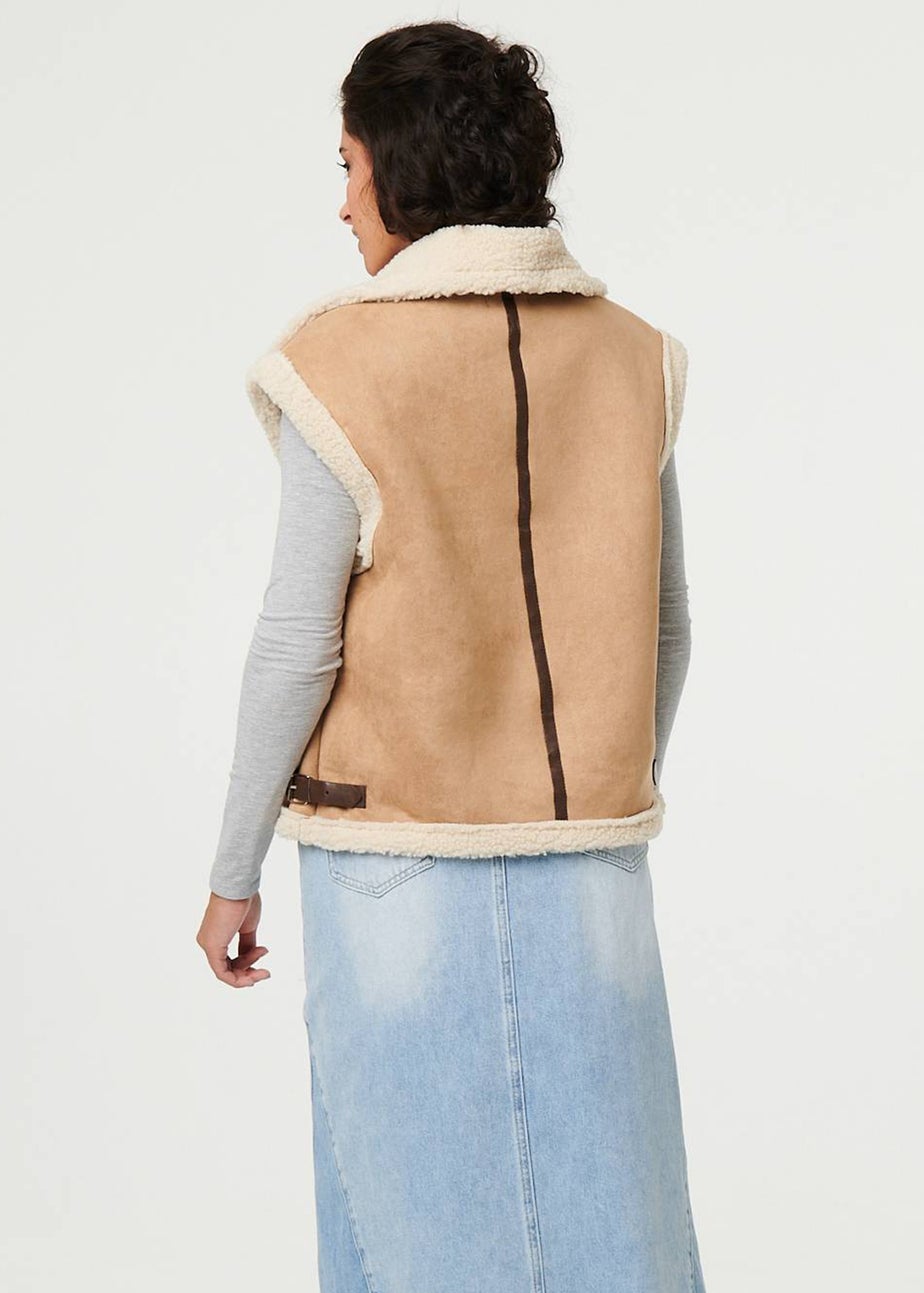 Izabel London Beige Faux Suede Fur Lined Sleeveless Gilet