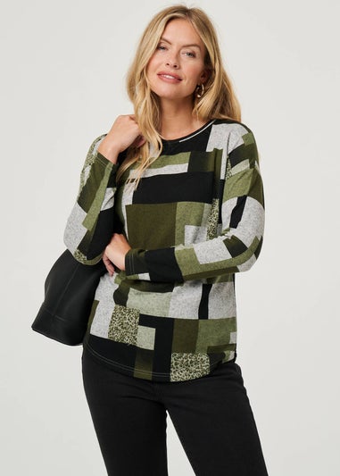 Izabel London Green Geo Print Long Sleeve Relaxed Top