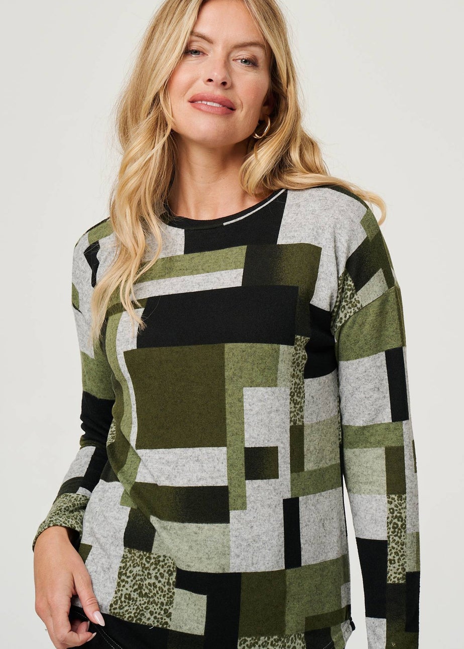 Izabel London Green Geo Print Long Sleeve Relaxed Top