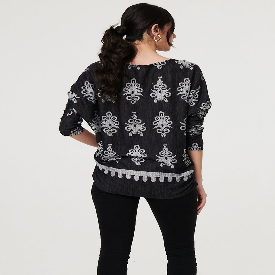 Izabel London Black Printed Long Sleeve Relaxed Top