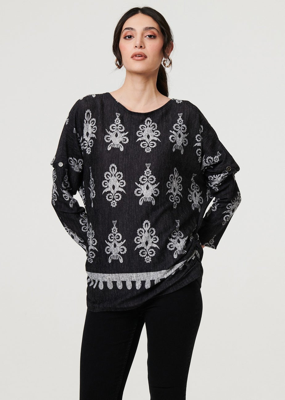 Izabel London Black Printed Long Sleeve Relaxed Top