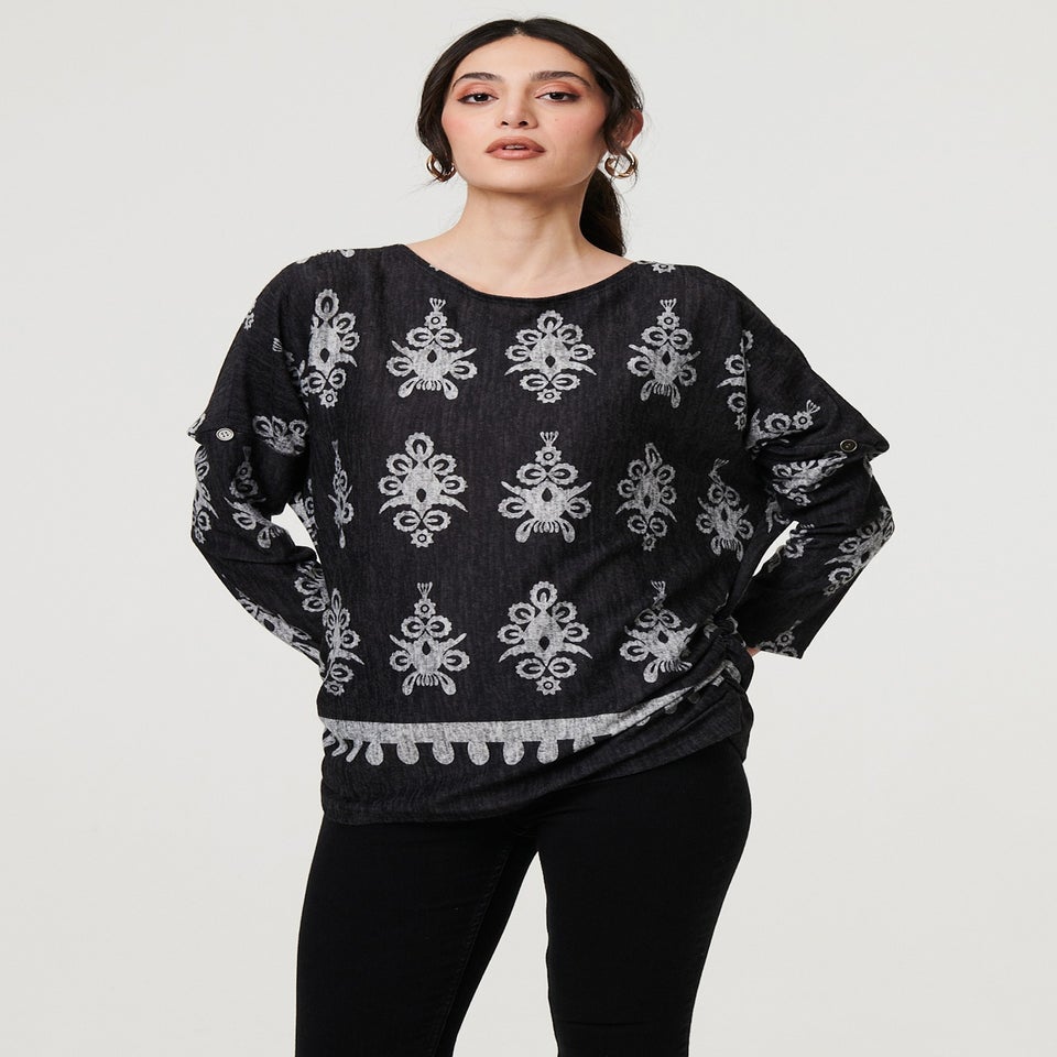 Izabel London Black Printed Long Sleeve Relaxed Top