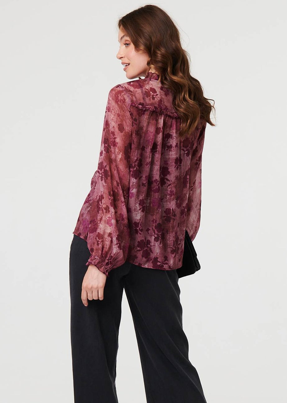 Izabel London Purple Floral Semi Sheer Tie Neck Blouse