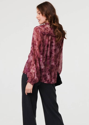 Izabel London Purple Floral Semi Sheer Tie Neck Blouse