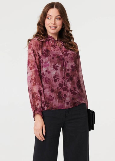 Izabel London Purple Floral Semi Sheer Tie Neck Blouse